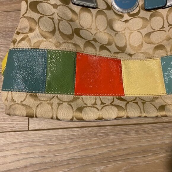 Coach #F17444 Khaki Monogram Canvas Multicolor Leather Stripe Doctors Bag Purse - Picture 5 of 12